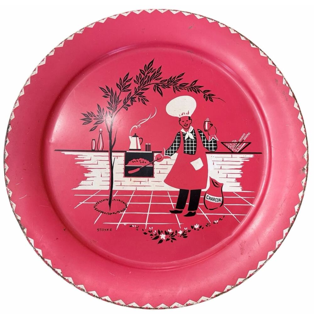 Retro 50s MCM Backyard BBQ Tray Signed Stoyke Red Man Cave Decor Gift Dad Funky